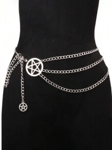 1 pieza Cadena de cintura de metal para mujer con decoración de pentagrama, cinturón de metal en capas, accesorio de vestir para calle, Halloween, verano, escuela, otoño, Halloween