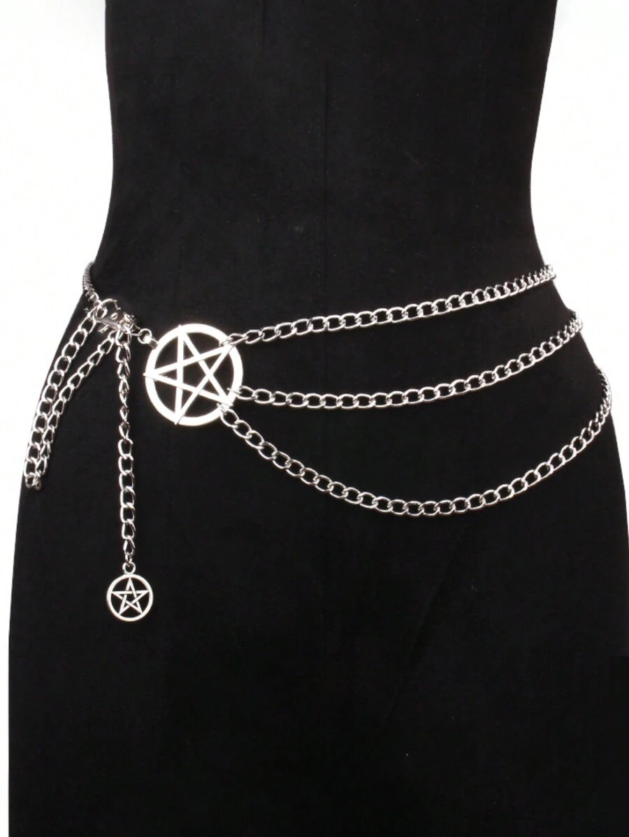 1 pieza Cadena de cintura de metal para mujer con decoración de pentagrama, cinturón de metal en capas, accesorio de vestir para calle, Halloween, verano, escuela, otoño, Halloween