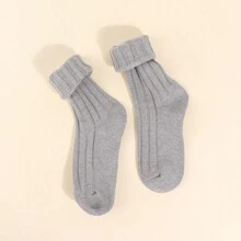 1對青少年中筒襪,有多種顏色,雙結構厚紗編織,簡潔基礎風格,適合秋冬季節穿著 - 灰色 - 查看 5