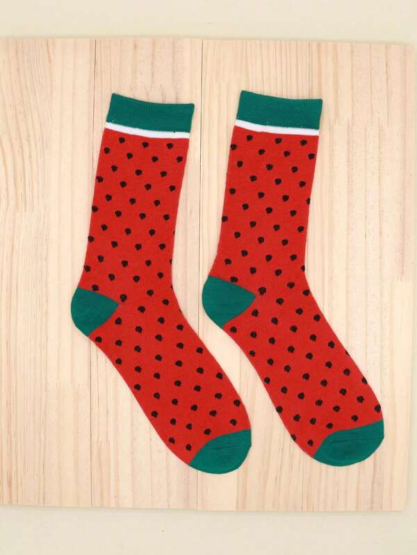 1pair Women's Mid-calf Socks With Watermelon Pattern, Suitable For Daily Use
