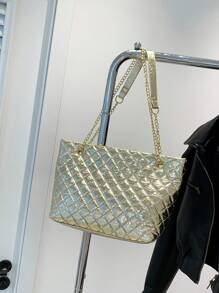 1個金色金屬配鍊裝飾菱形縫紉pu材質女士鏈帶肩袋,適用於日常使用、購物等