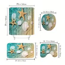 4入組海灘貝殼海星浴簾套件,熱帶海螺海星波浪淋浴簾套件,浴室裝飾,柔軟面料淋浴簾,防滑浴墊,浴墊,12個掛鉤,71x71英寸 - 薄荷綠 - 查看 2