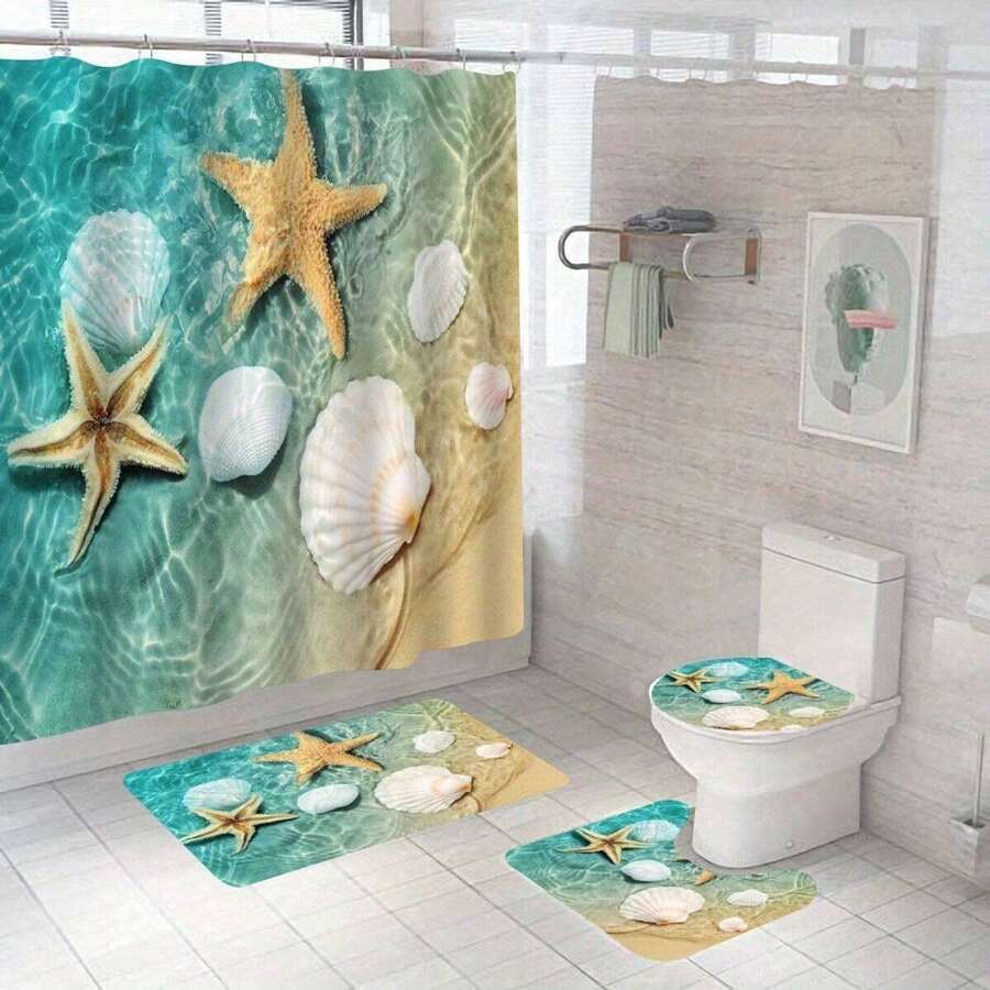 4入組海灘貝殼海星浴簾套件,熱帶海螺海星波浪淋浴簾套件,浴室裝飾,柔軟面料淋浴簾,防滑浴墊,浴墊,12個掛鉤,71x71英寸 - 薄荷綠 - 查看 1
