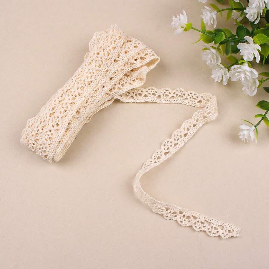5m/roll 1cm White Hollow Out Lace Trim Ribbon For Diy Crafting, Clothing Accessory Decoration - Beige - View 1