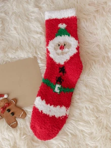 1 双毛绒袜子，温暖厚实柔软毛绒袜子，带圣诞老人图案，适合女士/男士/情侣/女孩、圣诞礼物、家居、睡眠、秋冬季 - 彩色 - 查看 3