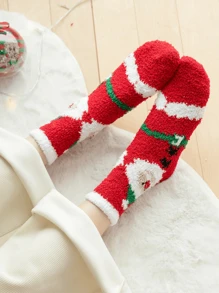1 双毛绒袜子，温暖厚实柔软毛绒袜子，带圣诞老人图案，适合女士/男士/情侣/女孩、圣诞礼物、家居、睡眠、秋冬季 - 彩色 - 查看 2