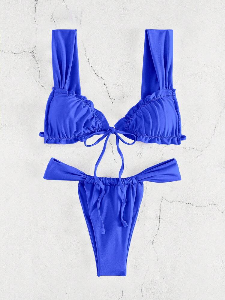 New Fashion Sexy Solid Color Bikini Set, Women's Bikini With Tassel & Frills Detail Summer Beach Vacation