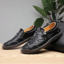 Men's Low-Cut Round Toe Business Casual Shoes, Handmade Comfortable Loafers For Spring & Autumn, Leather Shoes For Outdoor Walking