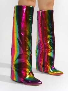 Women's  Pointy Toe Metallic Knee-High Boots - Single Pointy Toe Metallic/Holo Knee High,Fold Over High Heel For Special Events - 彩色 - 查看 4