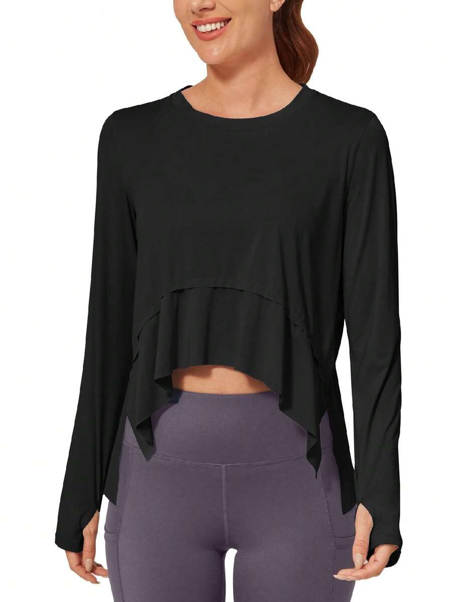 ED3SIZE Women's Black Half Circle Hem Long Sleeve T-shirt With Smooth Edge