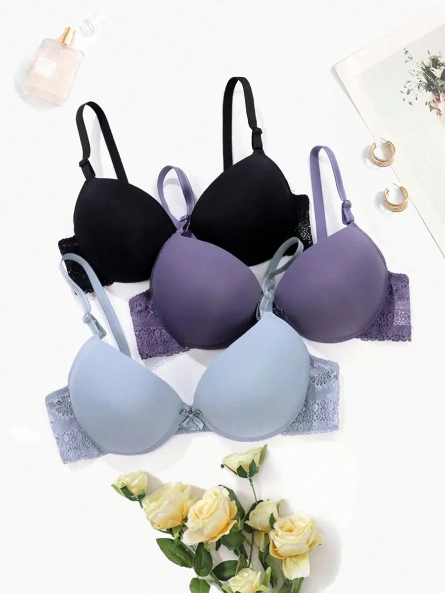 Bộ 3 áo ngực thường ngày nhiều màu sắc bóng có nơ hỗ trợ bên hông dành cho nữ, Halloween - Nhiều màu - Xem 1