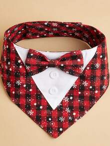 1pc Pet Bandana, Black & Red Plaid & Snowflake Printing, With Bow Tie, Dog Drool Scarf For Wedding, Christmas Decoration - Red - View 3