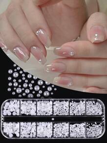 12 格白色珍珠美甲装饰混合尺寸平底珠指甲饰物 DIY 珍珠配件指甲配件美甲饰品 - 白色 - 查看 1