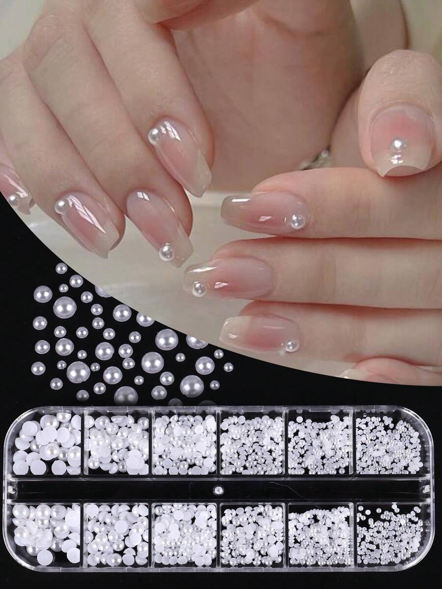 12 格白色珍珠美甲装饰混合尺寸平底珠指甲饰物 DIY 珍珠配件指甲配件美甲饰品 - 白色 - 查看 1