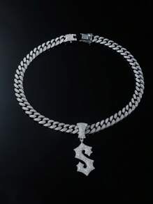 1顆鑽石鍊英文字母s吊墜男士嘻哈風格日常飾品吊墜項鍊 - 銀色 - 查看 10