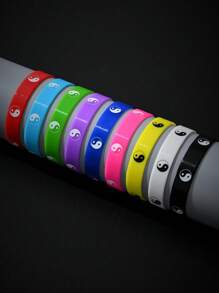 9入組隨機多色硅膠太極圖案印花運動手環,男女通用,是朋友和情侶的理想禮物 - 彩色 - 查看 1