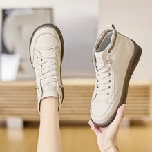 Phong cách mới Mùa Xuân Mùa thu Đúng mốt Bằng phẳng Giày bốt ngắn Đối với phụ nữ , Cao eo Giải trí Giày lười Giày ống Ankle Với Đàn hồi Ban nhạc Thiết kế , Không trượt Và Bền chặt , Thoải mái - Màu be - Xem 2