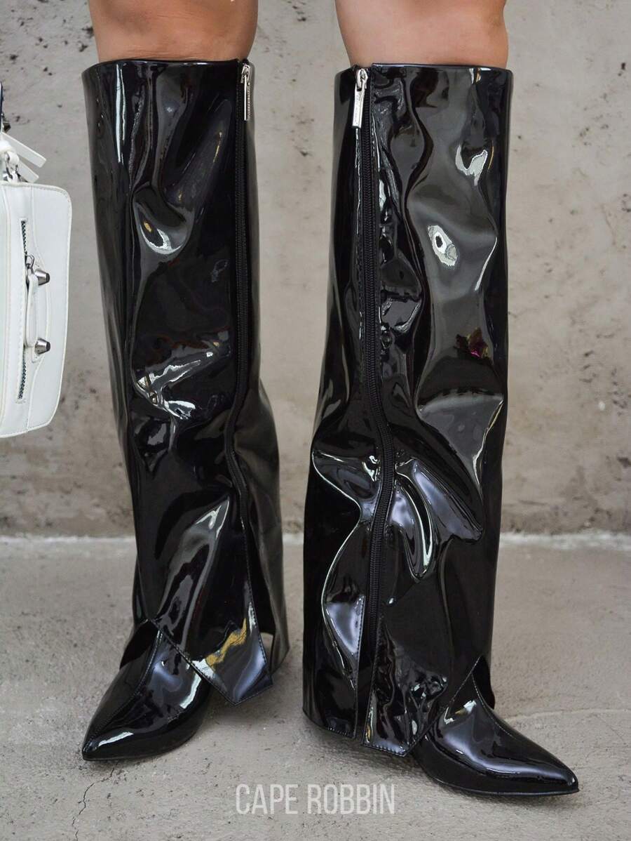 Women's Pointy Toe Metallic Knee-High Boots - Single Pointy Toe Metallic/Holo Knee High,Fold Over High Heel For Special Events - 黑色 - 查看 1