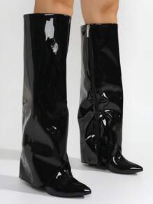 Women's  Pointy Toe Metallic Knee-High Boots - Single Pointy Toe Metallic/Holo Knee High,Fold Over High Heel For Special Events - 黑色 - 查看 3