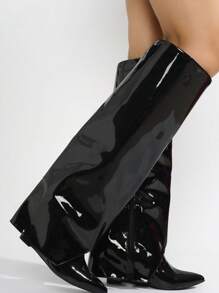 Women's  Pointy Toe Metallic Knee-High Boots - Single Pointy Toe Metallic/Holo Knee High,Fold Over High Heel For Special Events - 黑色 - 查看 2