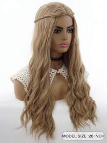 精靈公主新娘假髮,中捲波浪,長28英寸,淺金色長度合成纖維假髮,耐高溫,適合萬聖節cosplay派對 - 亞麻棕 - 查看 4