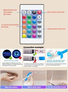 1入組30-150顆led燈條,smd 5050 Usb創意彩色rgb Led燈條,附有24按鈕紅外線遙控器,適用於臥室、客廳、家庭裝飾、節日派對 - 彩色 - 查看 9