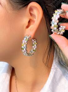 1 Pair Luxury Big Chunky Square Cubic Zirconia Pave Multicolor Long Dangle Drop Round Hoop Earrings For Women Wedding Event Party Accessories