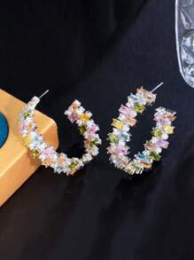 1 Pair Luxury Big Chunky Square Cubic Zirconia Pave Multicolor Long Dangle Drop Round Hoop Earrings For Women Wedding Event Party Accessories