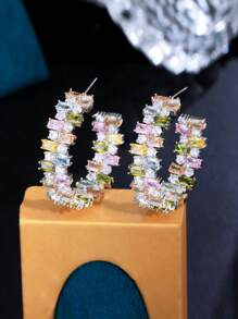 1 Pair Luxury Big Chunky Square Cubic Zirconia Pave Multicolor Long Dangle Drop Round Hoop Earrings For Women Wedding Event Party Accessories