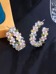1 Pair Luxury Big Chunky Square Cubic Zirconia Pave Multicolor Long Dangle Drop Round Hoop Earrings For Women Wedding Event Party Accessories