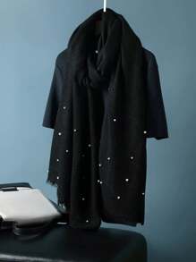 1pc Black Simple Linen Crinkle Studded Scarf, Warm Winter Shawl Neck Wrap - Black - View 1