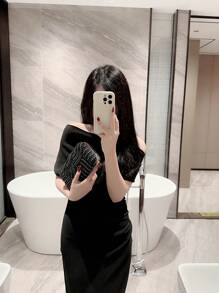 Moonlit EveBag Faux Pearl Detail Box-Shape Chain Bag - Black - View 9