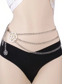 1 pieza Cadena de cintura de metal para mujer con decoración de pentagrama, cinturón de metal en capas, accesorio de vestir para calle, Halloween, verano, escuela, otoño, Halloween