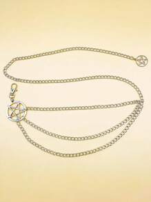 1 pieza Cadena de cintura de metal para mujer con decoración de pentagrama, cinturón de metal en capas, accesorio de vestir para calle, Halloween, verano, escuela, otoño, Halloween