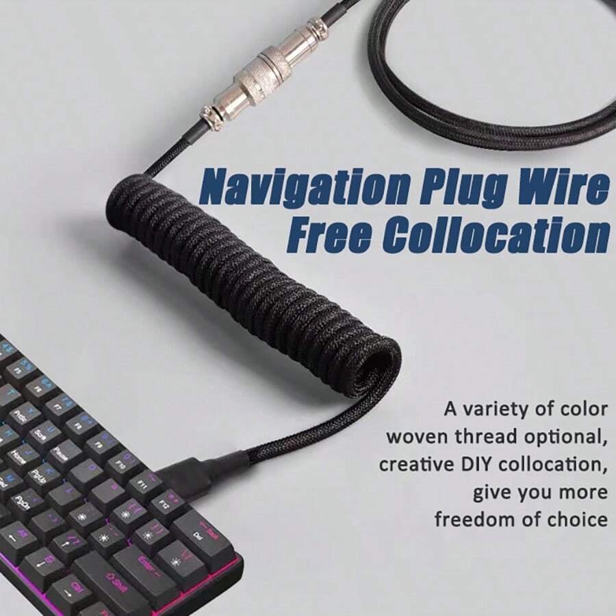 二合一可拆卸黑色 USB A 转 Type-C 机械键盘连接线，5 针航空插头，编织数据弹簧线，扩展端口，编织材质，金属导向连接器，机械键盘充电线，1.5 米（59 英寸），GX12 航空插头，兼容 PC 笔记本电脑机械键盘