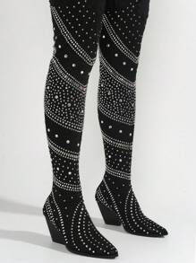 Women's  Thigh High Boots W/ Rhinestone & Gems - Single Pointy Toe Denim, Mesh Thigh High,Western High Heel For Festival Shoes - màu đen - Xem 3
