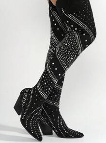 Women's  Thigh High Boots W/ Rhinestone & Gems - Single Pointy Toe Denim, Mesh Thigh High,Western High Heel For Festival Shoes - màu đen - Xem 2