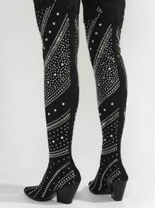 Women's  Thigh High Boots W/ Rhinestone & Gems - Single Pointy Toe Denim, Mesh Thigh High,Western High Heel For Festival Shoes - màu đen - Xem 5