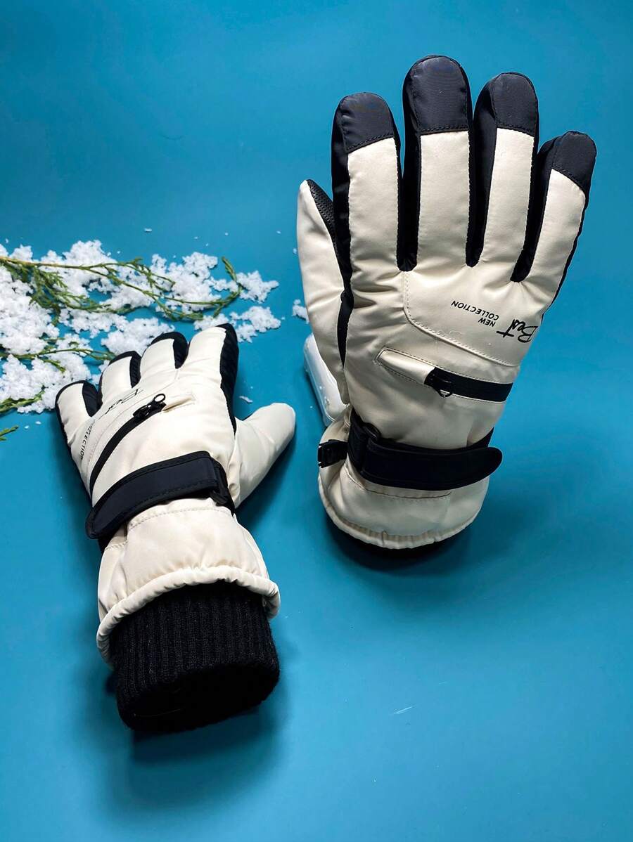 1 双女士时尚字母印花奶油色手套，触摸屏，冬季保暖，厚保暖内衬，户外徒步、登山、滑雪和骑行手套，防滑、防风、钩环和罗纹袖口设计，保暖，冬季手套，暖手器，滑雪手套，雪地手套 - 米色 - 查看 1