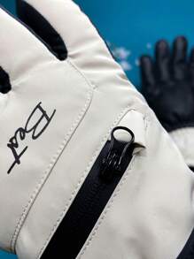 1 双女士时尚字母印花奶油色手套，触摸屏，冬季保暖，厚保暖内衬，户外徒步、登山、滑雪和骑行手套，防滑、防风、钩环和罗纹袖口设计，保暖，冬季手套，暖手器，滑雪手套，雪地手套 - 米色 - 查看 5