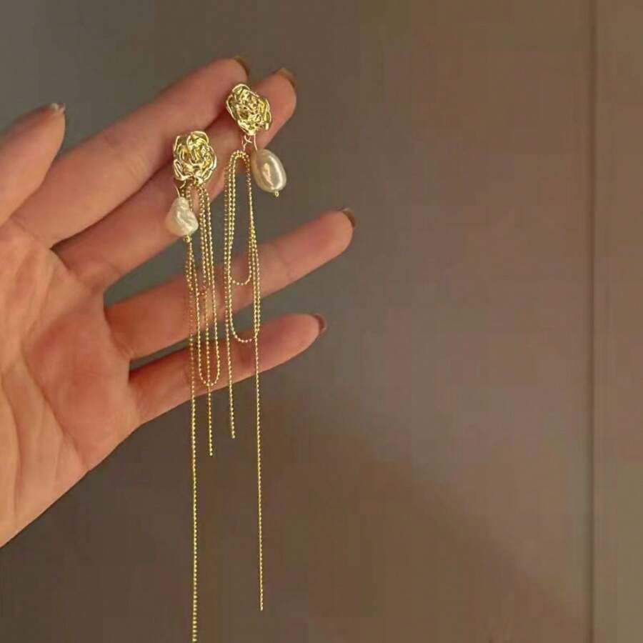 1對復古珍珠流蘇耳環,適合女性日常佩戴 - 金黃色 - 查看 1