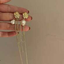 1對復古珍珠流蘇耳環,適合女性日常佩戴 - 金黃色 - 查看 3