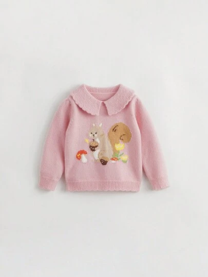 Girls' Fashionable And Cute Animal Pattern Scallop Trim Sweater Stand-up Collar And Anti-pilling, Autumn