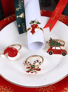 4 Stücke Weihnachts-Serviettenringe-Set, Weihnachtsdekoration Servietten Clips für den Esstisch, Weihnachtsstiefel, Auto-Weihnachtsbaum, Weihnachtsmützen, Spazierstock Serviettenringe