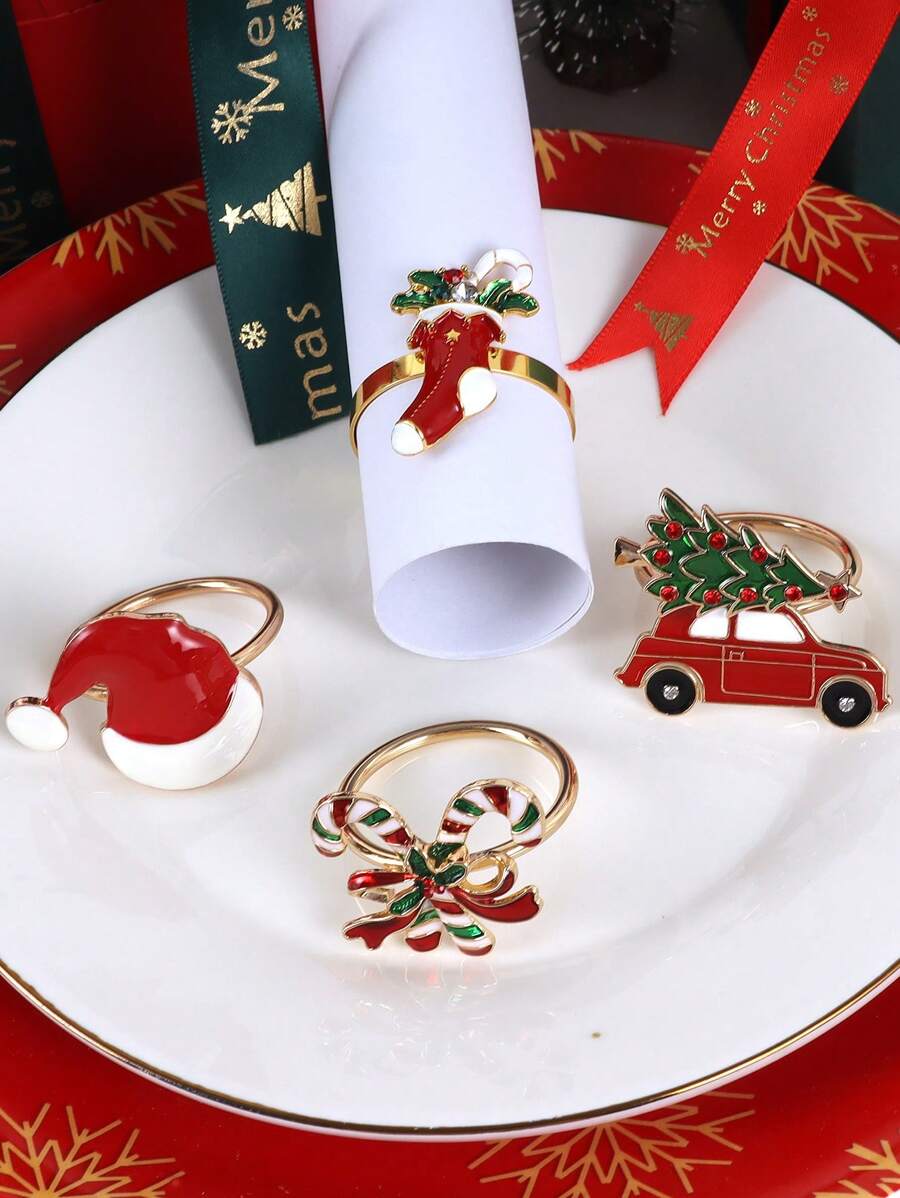4 Stücke Weihnachts-Serviettenringe-Set, Weihnachtsdekoration Servietten Clips für den Esstisch, Weihnachtsstiefel, Auto-Weihnachtsbaum, Weihnachtsmützen, Spazierstock Serviettenringe