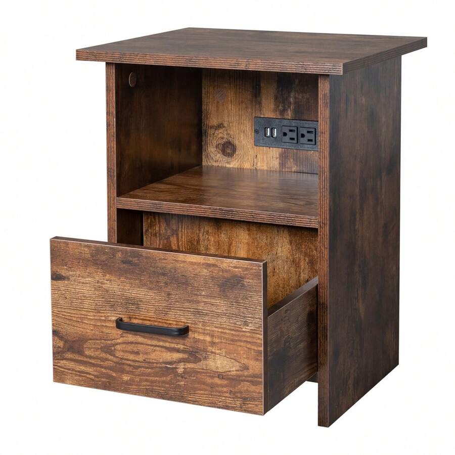 Vintage Wood Nightstand Cabinet Universal Trackless Single Drawbar With 1.5M Long Power Cord USB Socket Bedside Cabinet - Màu be - Xem 1