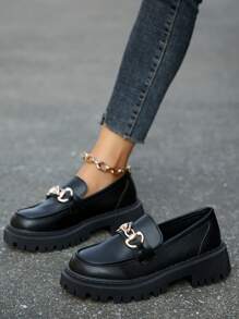 ：女式英伦风格一脚蹬厚底乐福鞋，带有法国元素，粗跟鞋 - 黑色 - 查看 2