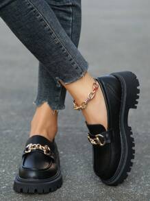 ：女式英伦风格一脚蹬厚底乐福鞋，带有法国元素，粗跟鞋 - 黑色 - 查看 4