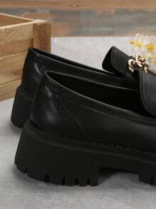 ：女式英伦风格一脚蹬厚底乐福鞋，带有法国元素，粗跟鞋 - 黑色 - 查看 6