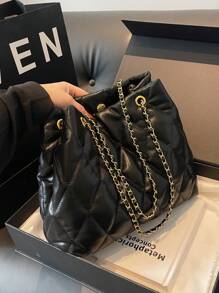 CHICVUE Large Capacity Fashion Tote Bag With Embroidered Diamond Pattern, Soft Winter Chain Shoulder & Crossbody Bag For Women Gifts - Black - View 8